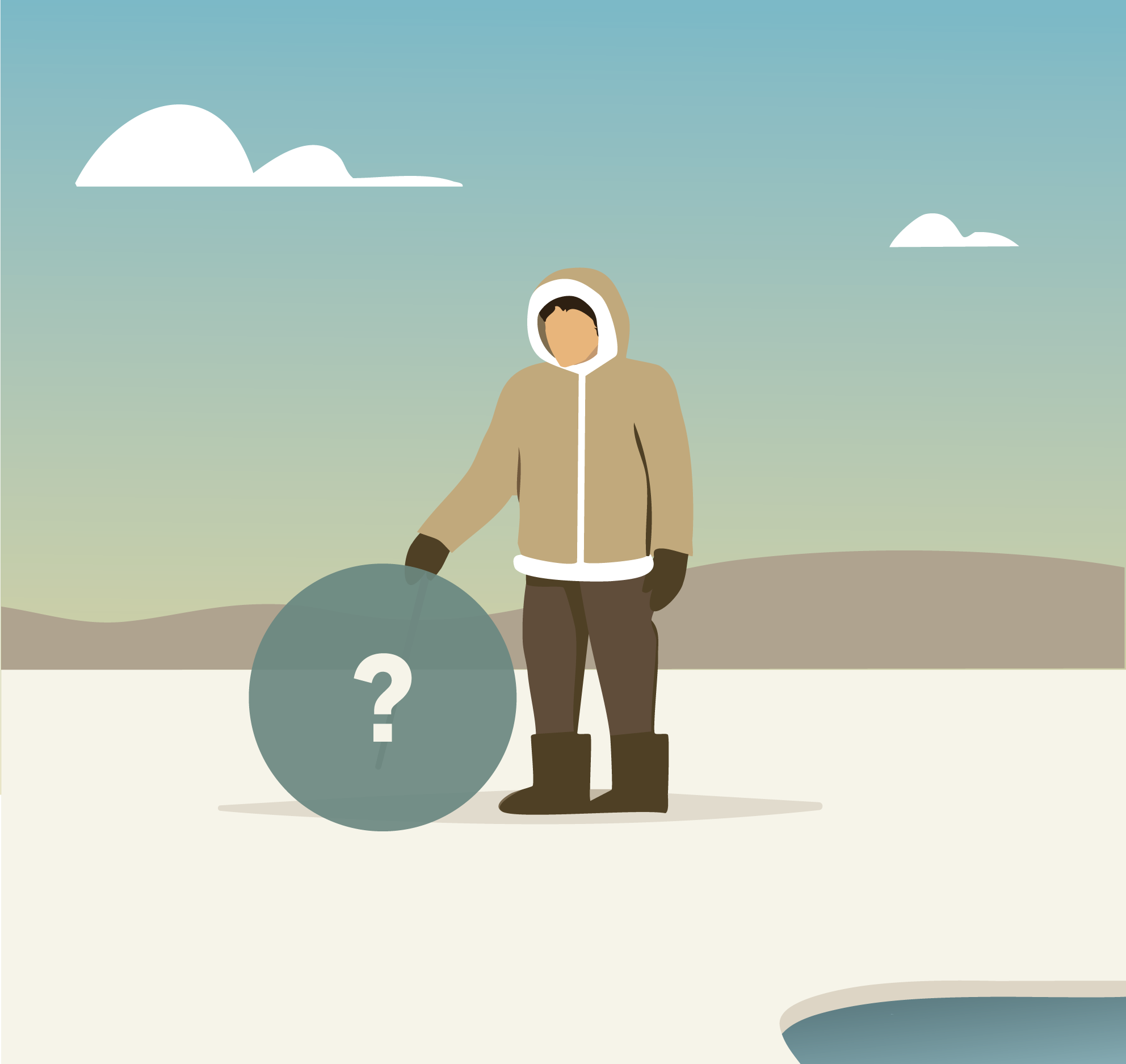 Une personne emmitouflée dans un paysage enneigé tient une sphère avec un point d'interrogation, debout près d'un trou d'eau glacé sous un ciel calme.