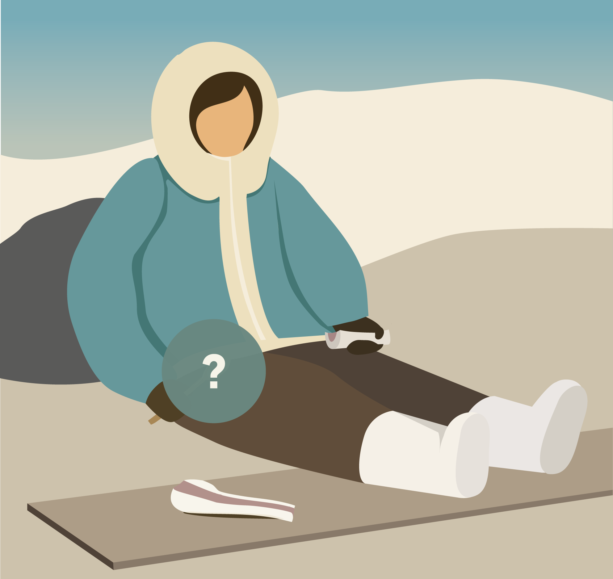 Une personne en tenue arctique est assise sur un tapis tenant une sphère mystérieuse, avec des outils et un morceau de viande à proximité sur un terrain enneigé et sablonneux.