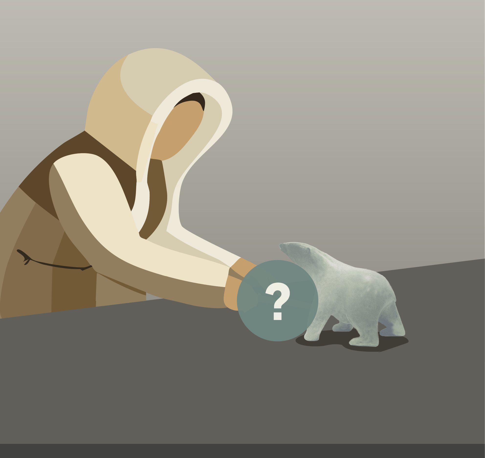 Une personne portant une parka à capuche examine une petite sculpture d'ours polaire sur une table, avec un point d'interrogation au-dessus de l'ours.