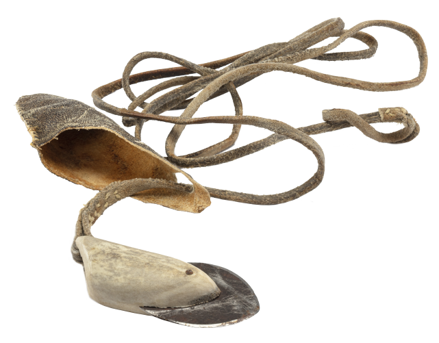 Un arc en matière osseuse blanche accompagné flèches qui sont dans une pochette.